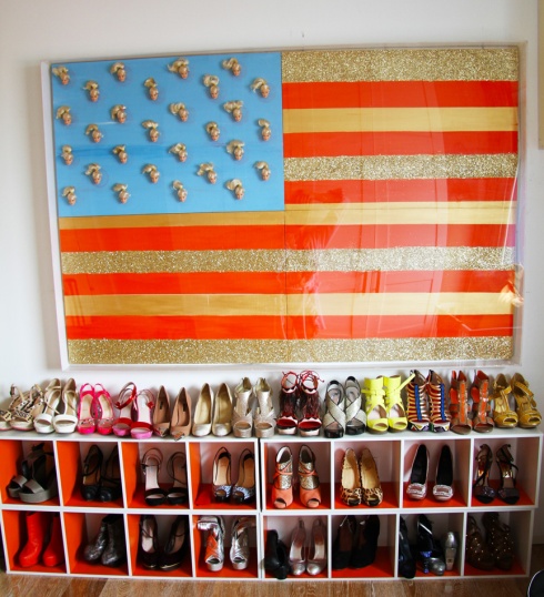 Guest Bedroom (i.e. Morgan's closet).  Complete with Barbie American Flag.  Why use stars when you can use Barbie Heads?