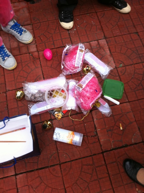 The carnage.  Apparently, pink Easter grass and Easter eggs are lost on the Chinesel.